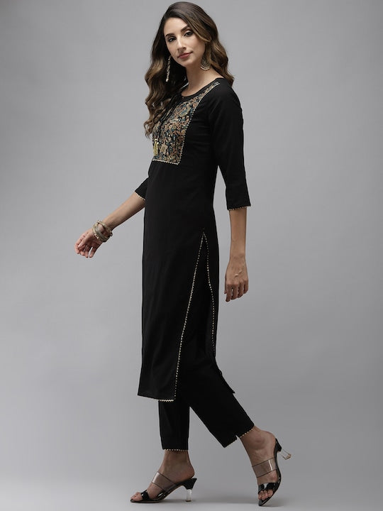 Yufta Women Black Yoke Design Regular Sequinned Pure Cotton Kurta with Trousers & With Dupatta
