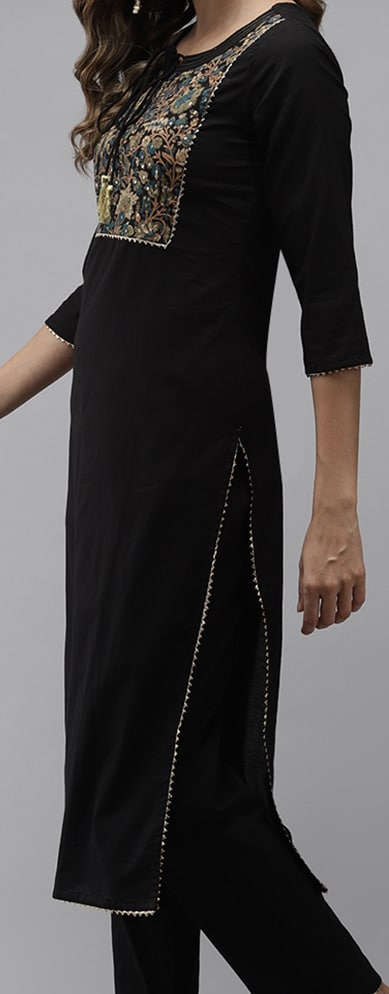 Yufta Women Black Yoke Design Regular Sequinned Pure Cotton Kurta with Trousers & With Dupatta