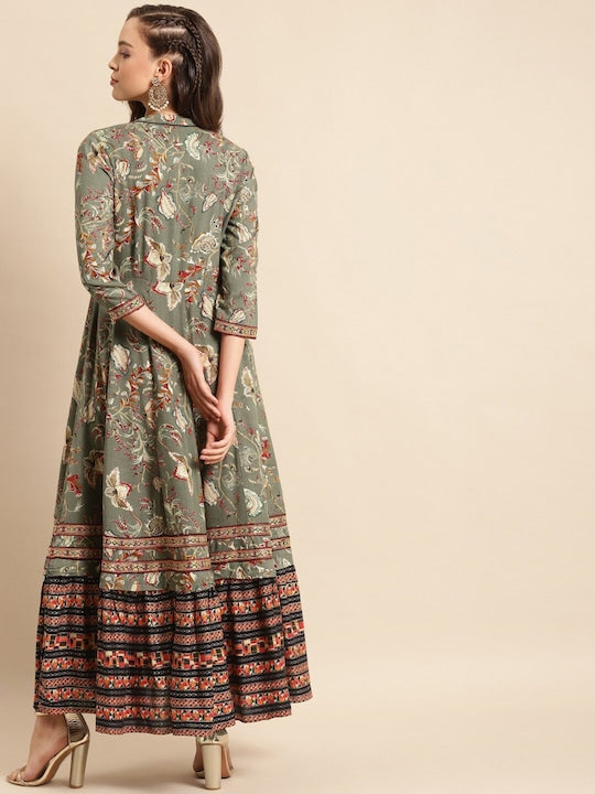 All about you Grey & Green Floral Printed Notch Neck Liva Maxi Dress