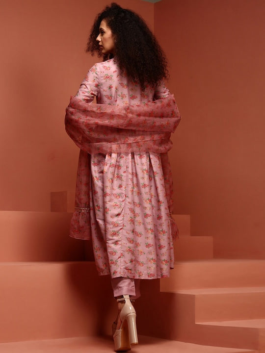 IMARA Floral Printed Empire Keyhole Neck Anarkali Kurta & Trousers With Dupatta