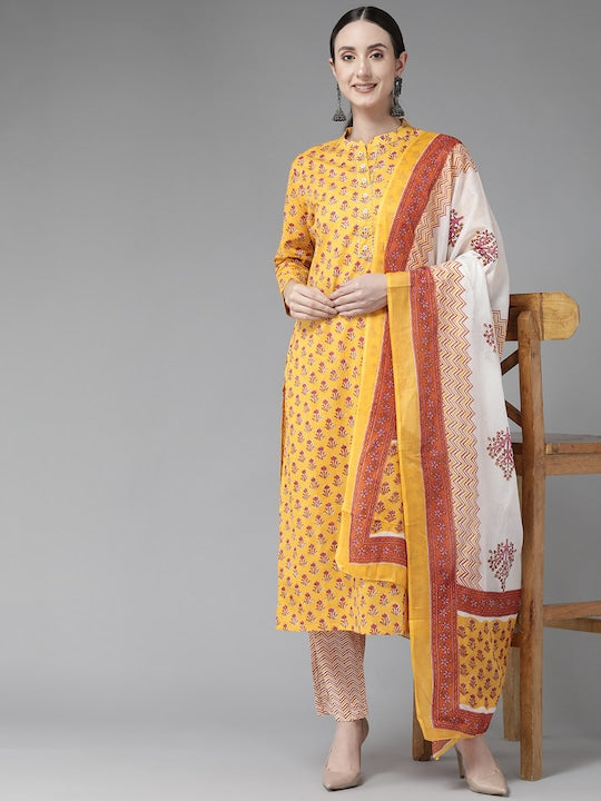 Yufta Women Yellow Ethnic Motifs Printed Gotta Patti Pure Cotton Kurta with Trousers & With Dupatta - S