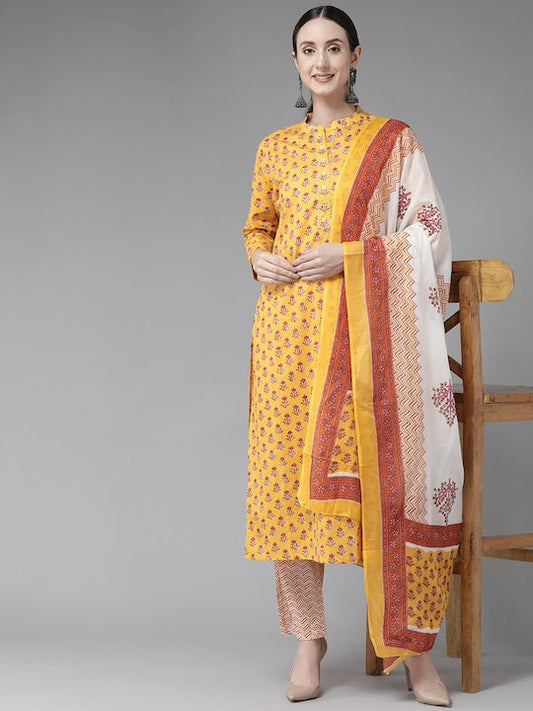 Yufta Women Yellow Ethnic Motifs Printed Gotta Patti Pure Cotton Kurta with Trousers & With Dupatta - S