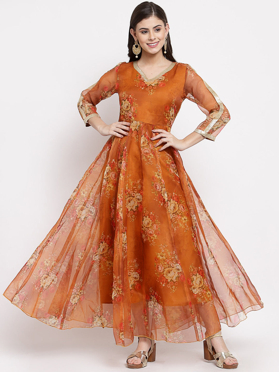 Myshka Brown Floral Printed Anarkali Dress