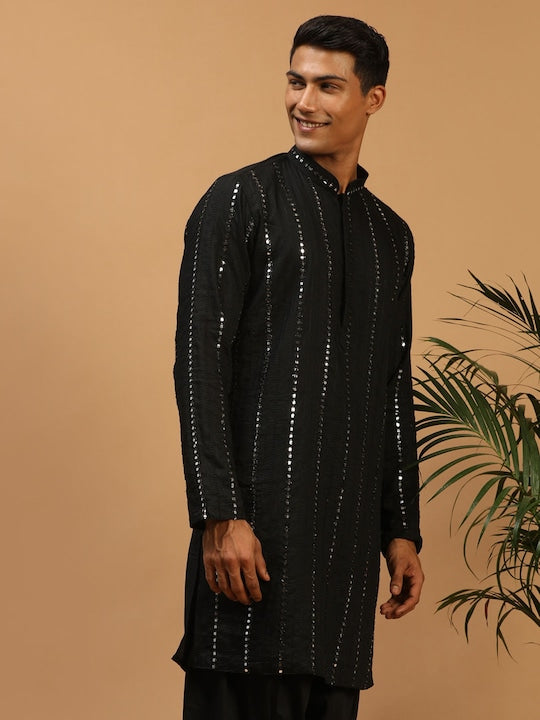 Vastramay Men Black Mirror Work Kurta