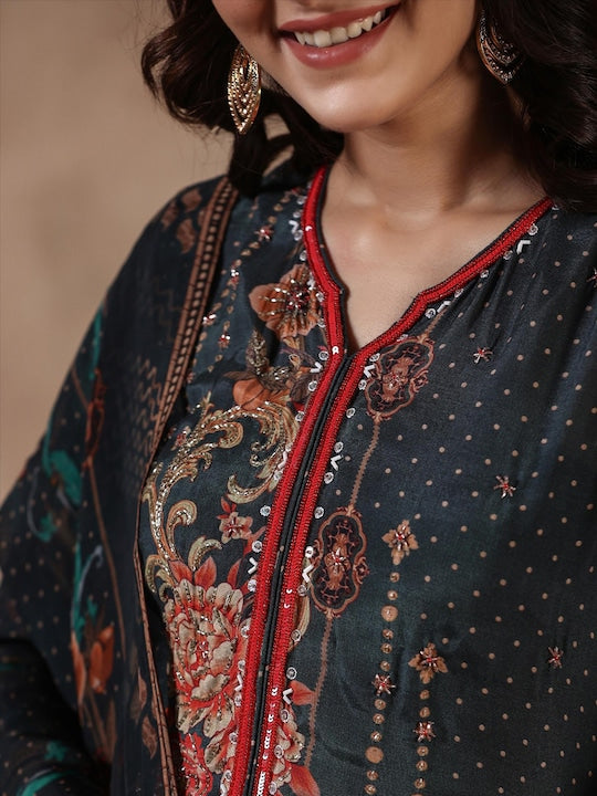Scakhi Ethnic Motifs Printed Pakistani Style Kurta With Trousers & Dupatta