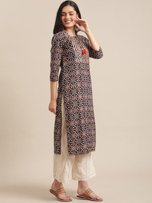 Varanga Women Navy Blue & Beige Ethnic Motifs Printed Keyhole Neck Gotta Patti Kurta
