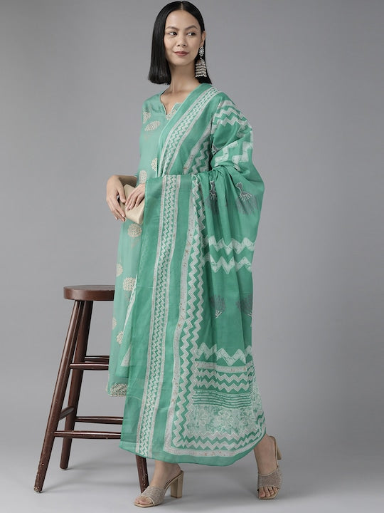 Yufta Women Sea Green Ethnic Motifs Printed Gotta Patti Kurta With Trousers & Dupatta