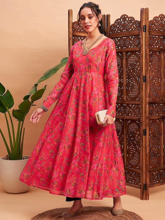 Shae by Sassafras Pink & Yellow Floral Printed Chanderi Silk Anarkali Kurta