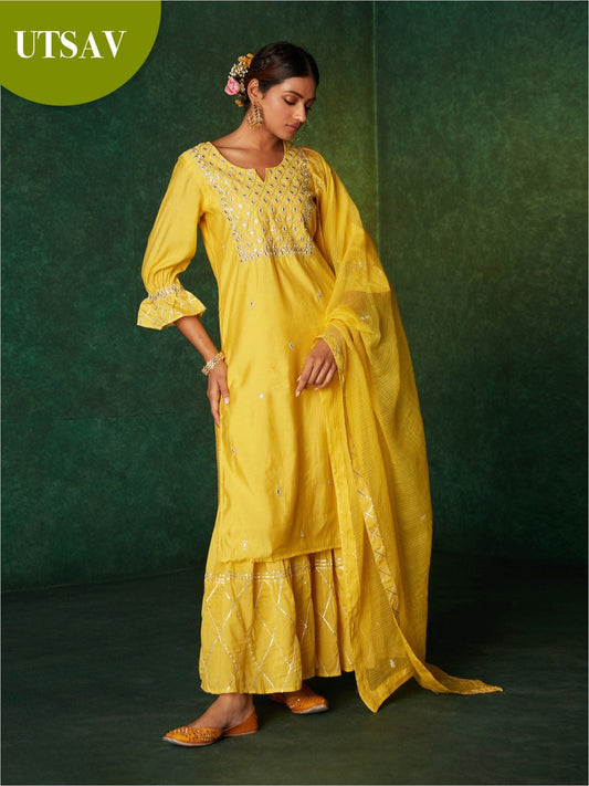 Likha Yellow Mirror & Gota Work Kurta Sharara & Dupatta LIKSKD148 (Set of 3)