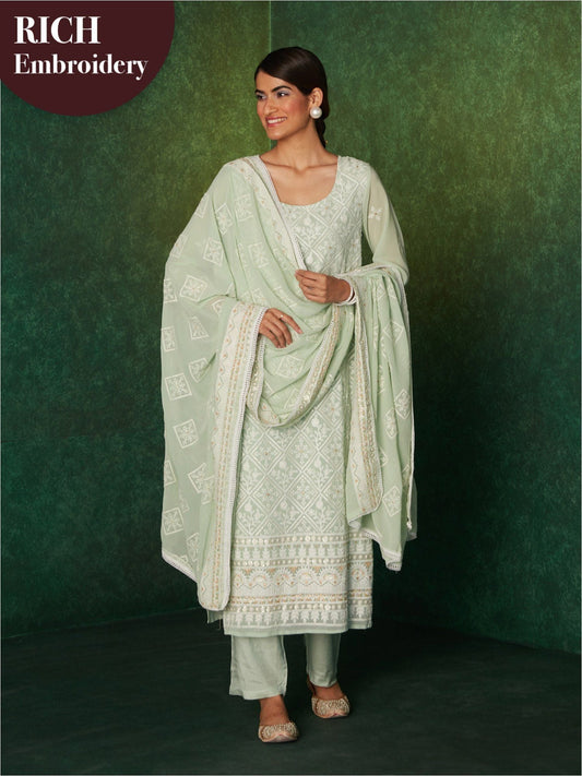 Likha Karigiri Green Heavy Embroidered Kurta, Pant & Dupatta LIKSKD165 (Set of 3) - S