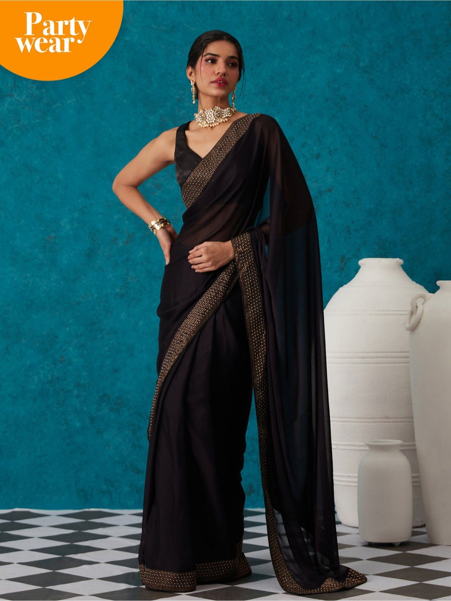 Likha Black Georgette Solid Embellished & Sequined Saree with Unstitched Blouse LIKSAR17 (Free Size)