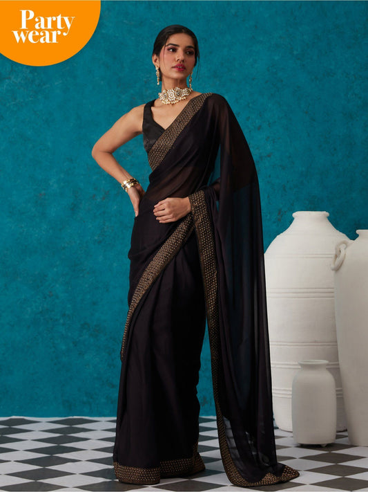 Likha Black Georgette Solid Embellished & Sequined Saree with Unstitched Blouse LIKSAR17 (Free Size)