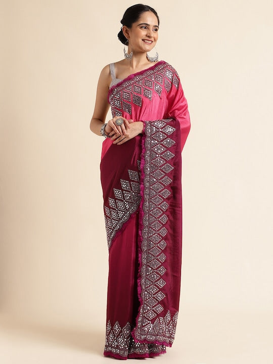 Fabmora Mirror Work Pure Georgette Fusion Saree