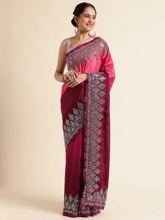 Fabmora Mirror Work Pure Georgette Fusion Saree
