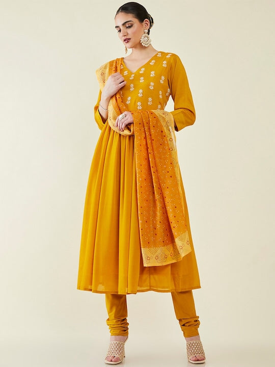 Soch Floral Embroidered Thread Work Kurta with Churidar & Dupatta