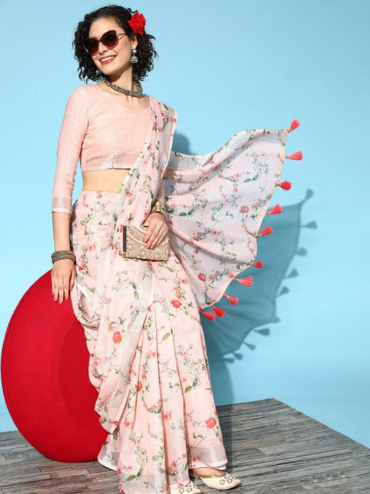 Here&now Floral Pure Linen Saree
