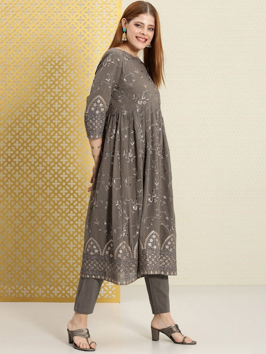 House of Pataudi Women Embroidered Jashn Kurta with Trousers & Dupatta Set