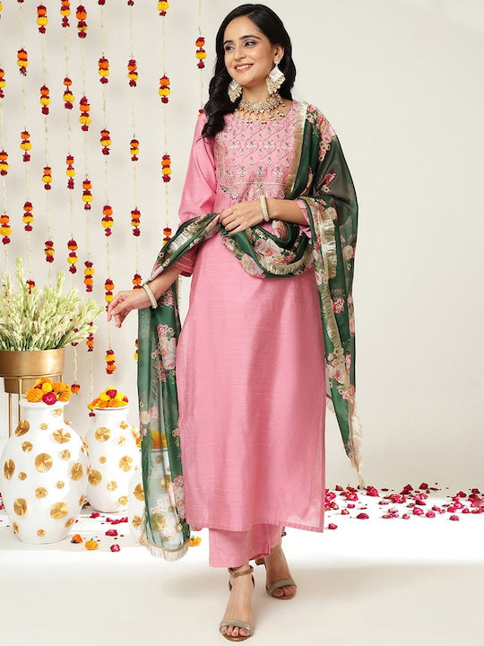 Varanga Women Pink Ethnic Motifs Embroidered Dupion Silk Kurta with Palazzos & With Dupatta