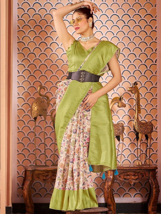 Fabmora Kalamkari Floral Printed Pure Silk Kanjeevaram Zari Saree