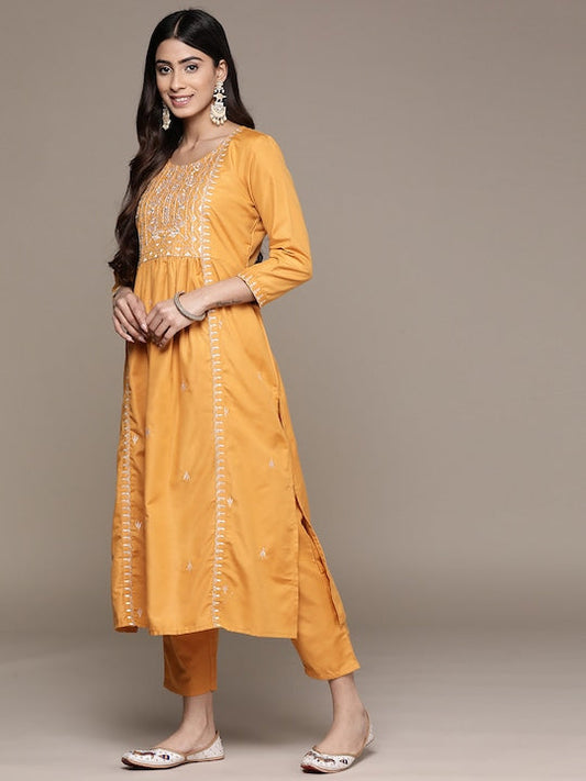 Anubhutee Women Mustard Yellow Ethnic Motifs Embroidered Thread Work Kurta with Trousers & With Dupatta