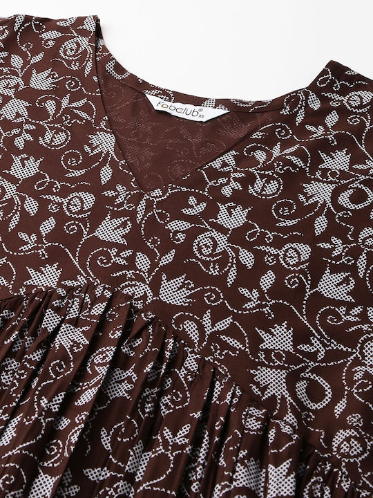 Fabclub Women Ethnic Motifs Printed V-Neck Anarkali Pleated Kurta