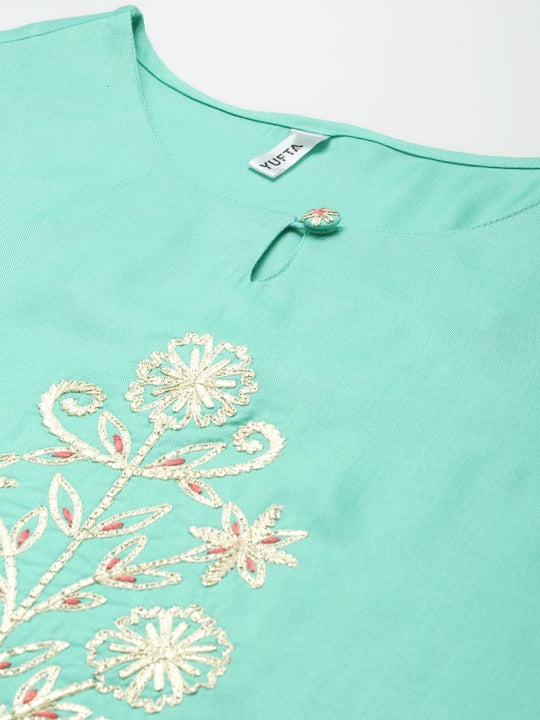 Yufta Women Sea Green Ethnic Motifs Gotta Patti Kurta with Trousers & With Dupatta
