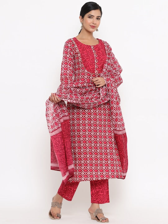 Yufta Women Pink Ethnic Motifs Printed Panelled Sequinned Pure Cotton Kurta with Churidar & With Dupatta