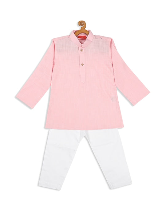 Vastramay Sishu Boys Pink And White Cotton Blend Solid Kurta Pyjama Set