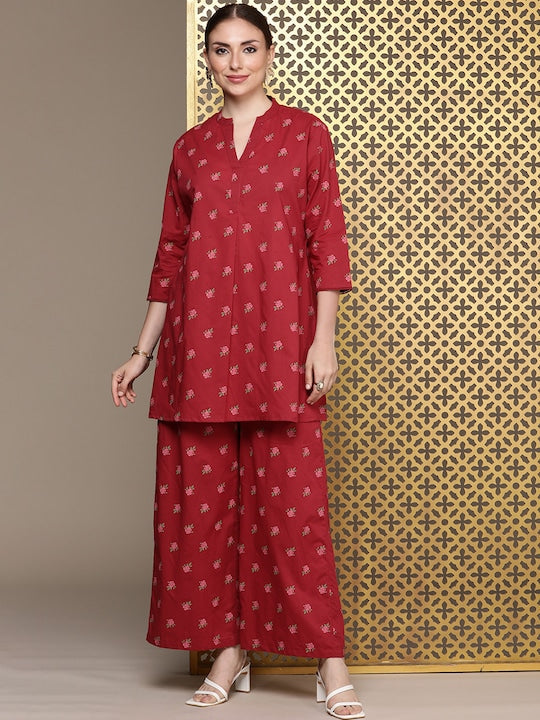 House of Pataudi Women Jashn Floral Printed Pure Cotton Kurta With Palazzos