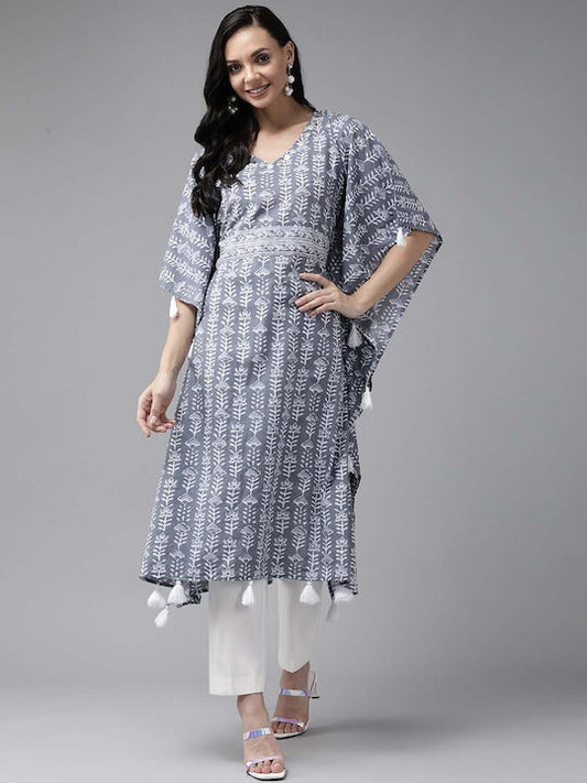 Yufta Women Grey & Off White Ethnic Motifs Printed Kaftan Kurta - M