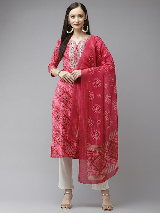 Yufta Women Pink Bandhani Printed Panelled Gotta Patti Kurta with Palazzos & With Dupatta