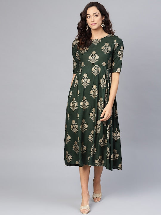 Myshka Women Green & Golden Printed A-Line Dress - XL