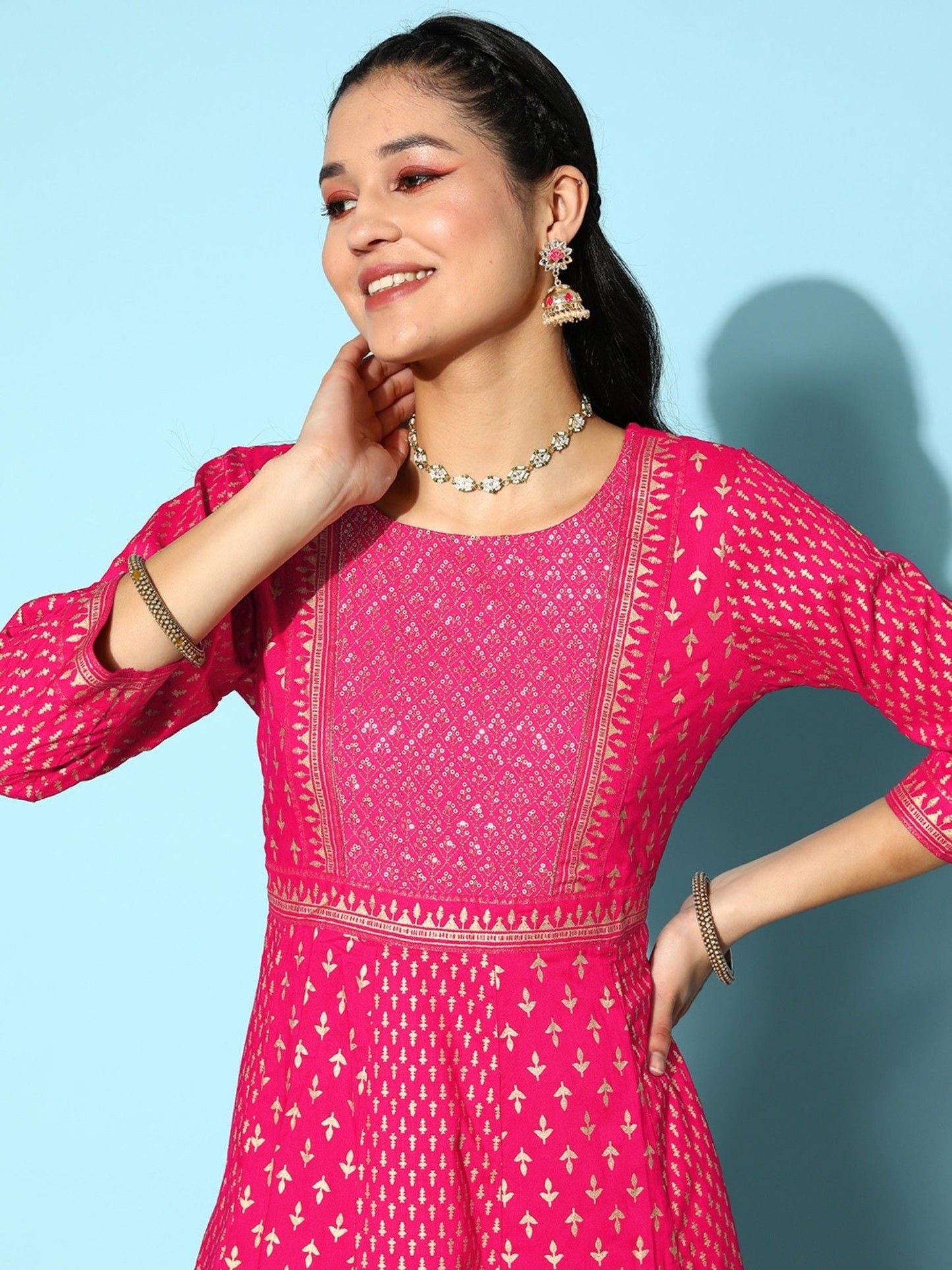 ISHIN Womens Fuchsia Embellished Anarkali Kurta