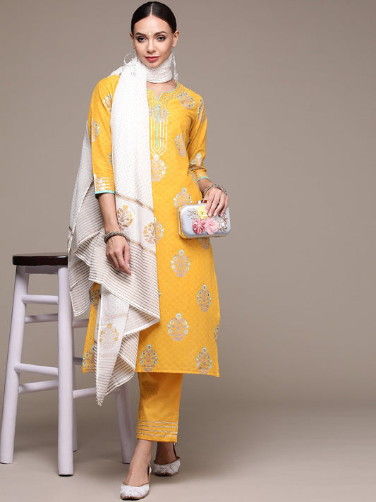 Anubhutee Women Yellow Floral Printed Pure Cotton Kurta with Trousers & With Dupatta