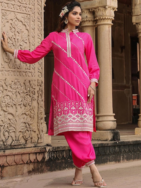 Scakhi Ethnic Motifs Embroidered Mirror Work Mandarin Collar Pure Silk Kurta With Patiala