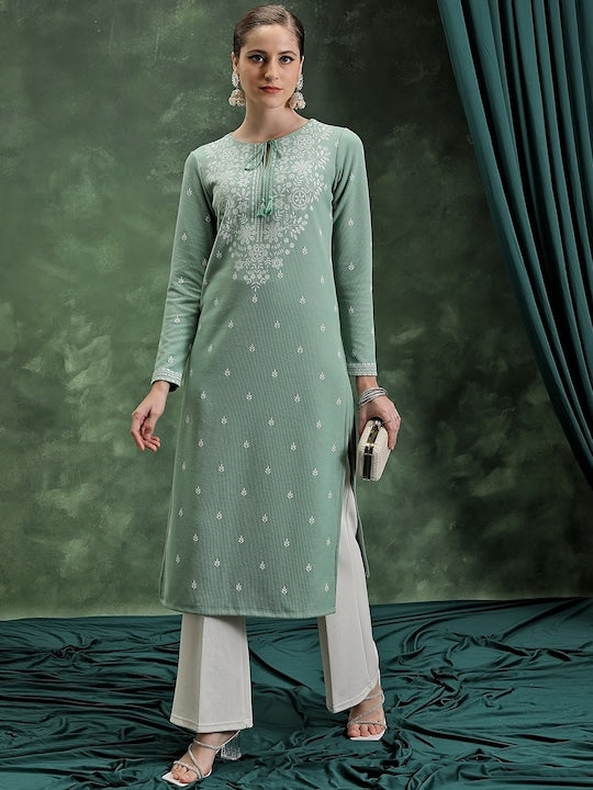 Vishudh Green Floral Woven Design Thread Work Tie-Up Neck Straight Kurta