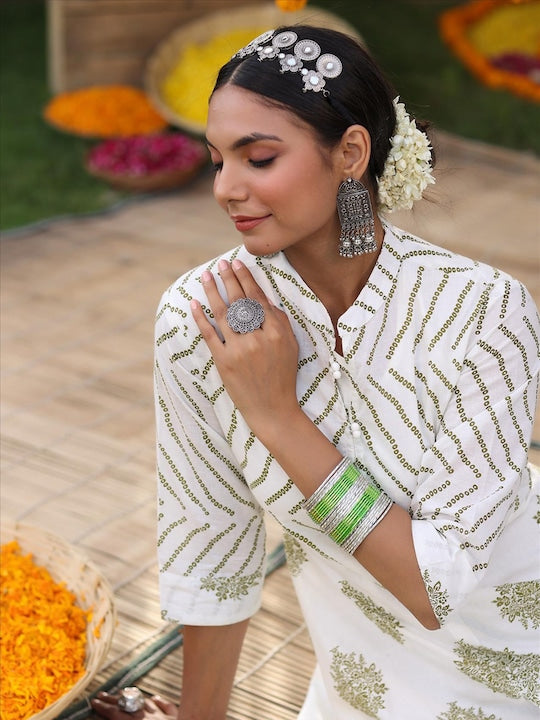 Scakhi Women Off White & Green Printed Pure Cotton Ethnic Dresses