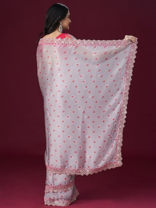 Kasee Floral Printed Sequin Embellished Satin Saree