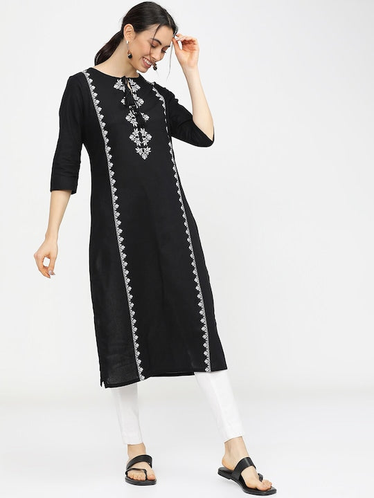 Vishudh Women Black & White Ethnic Motifs Printed Cotton Kurta