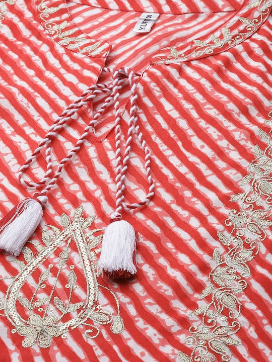 Yufta Women Rust Red & White Leheriya Sequinned Kurta with Trousers & With Dupatta