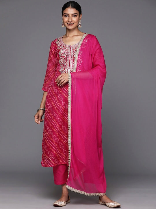 Varanga Bandhani Printed Regular Kurta with Trousers & With Dupatta