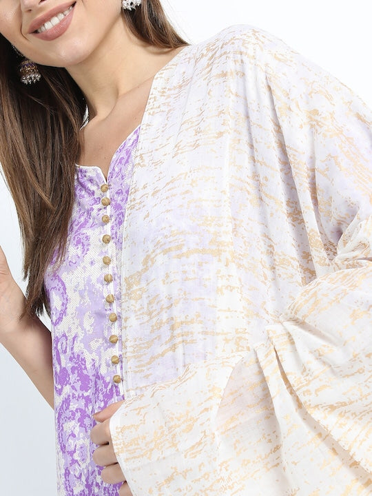 Vishudh Women Mauve Printed Straight Kurta with Trousers & With Dupatta