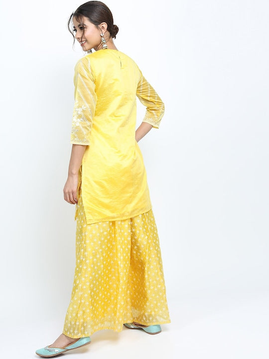 Vishudh Women Yellow Ethnic Motifs Printed Kurti with Palazzos & With Dupatta