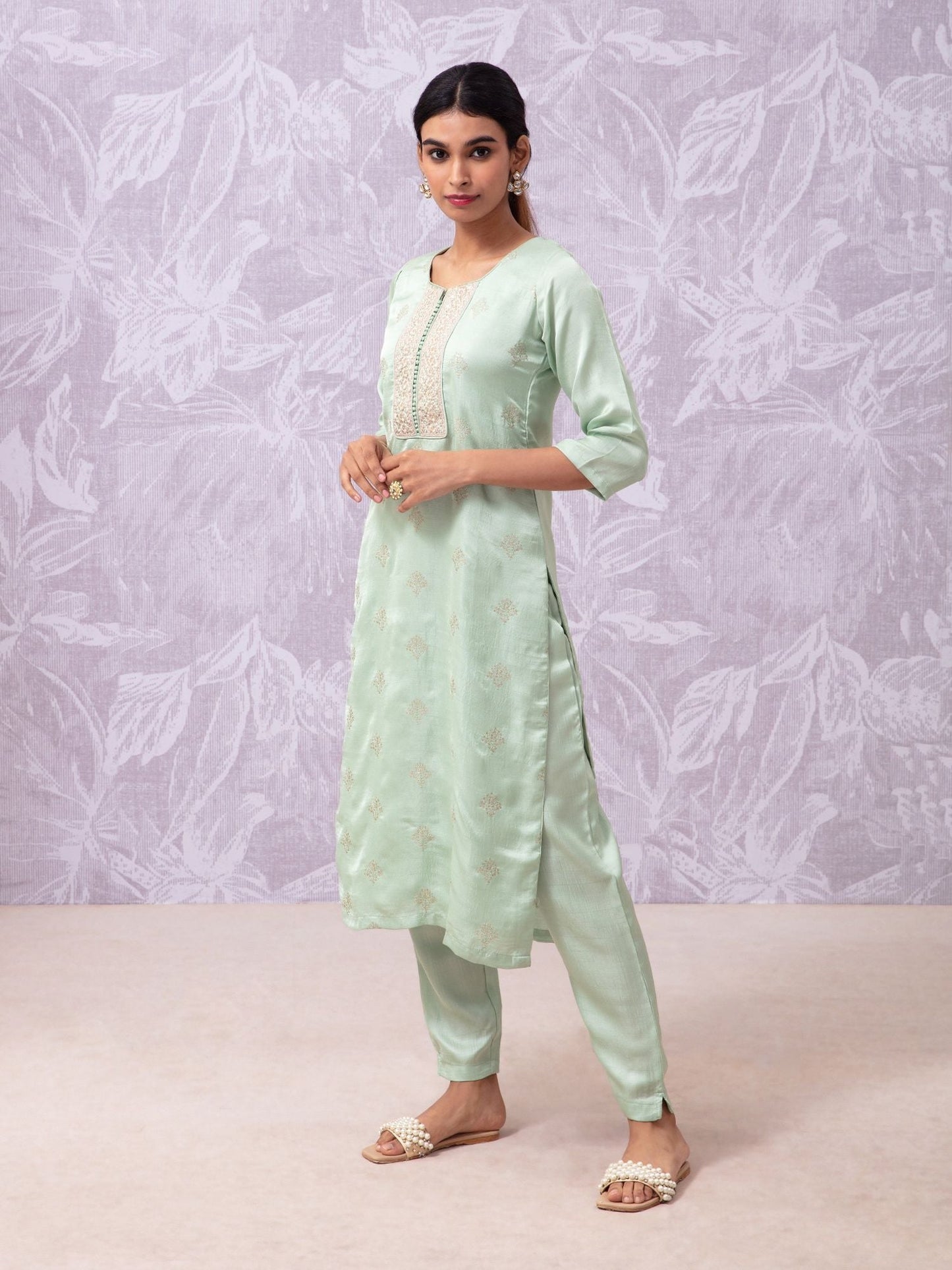 Likha Shaan-e-Avadh Sap Green Sequins Embroidery Kurta, Pant & Dupatta LIKSKD105 (Set of 3)