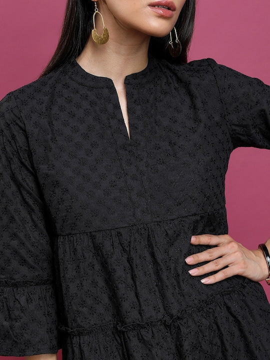 Vishudh Floral Embroidered Mandarin Collar Bell Sleeve A-Line Above Knee Dress