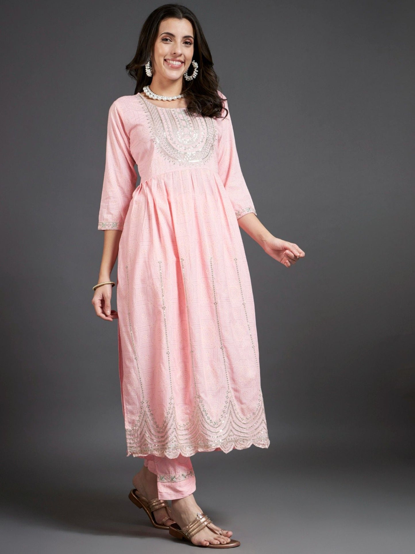 Heeposh Embroidered A-Line Kurta and Pants with Printed Dupatta (Set of 3)