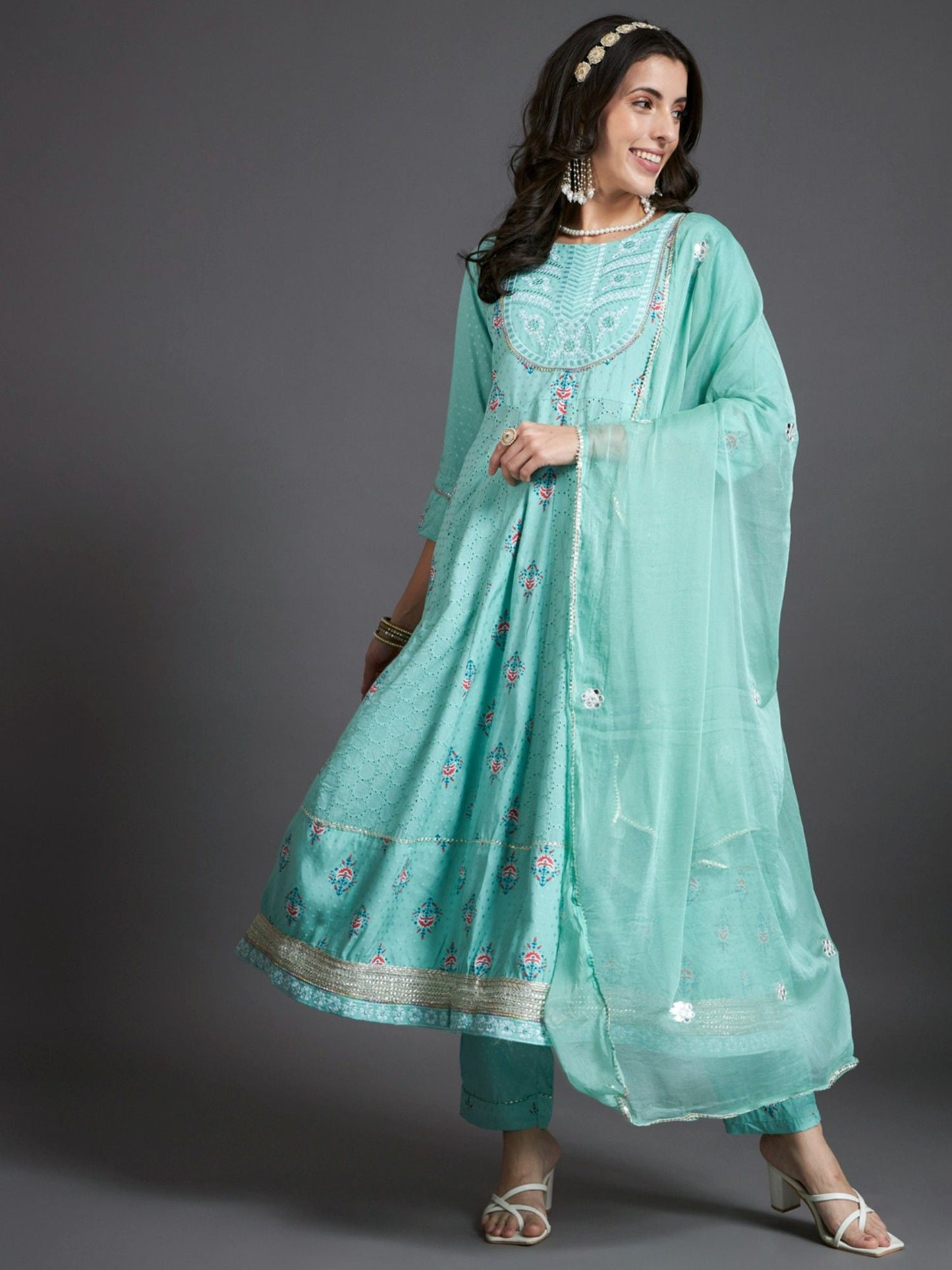 Heeposh Schiffli Embroidered Cotton Anarkali Kurta and Pants with Dupatta (Set of 3)