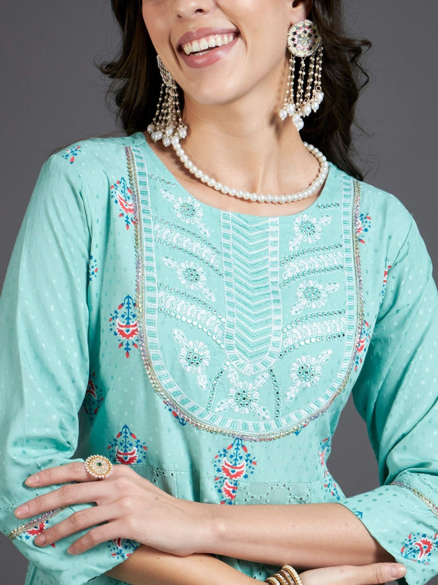 Heeposh Schiffli Embroidered Cotton Anarkali Kurta and Pants with Dupatta (Set of 3)