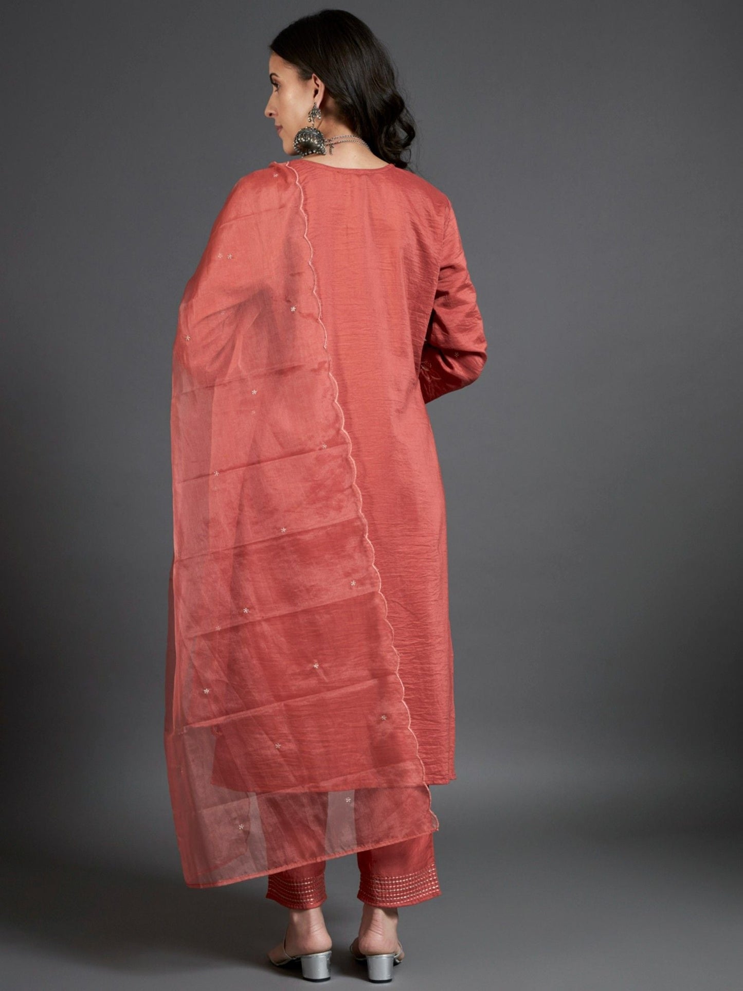 Heeposh Rust Intricate Detailing Straight Kurta and Pants with Organza Dupatta (Set of 3)