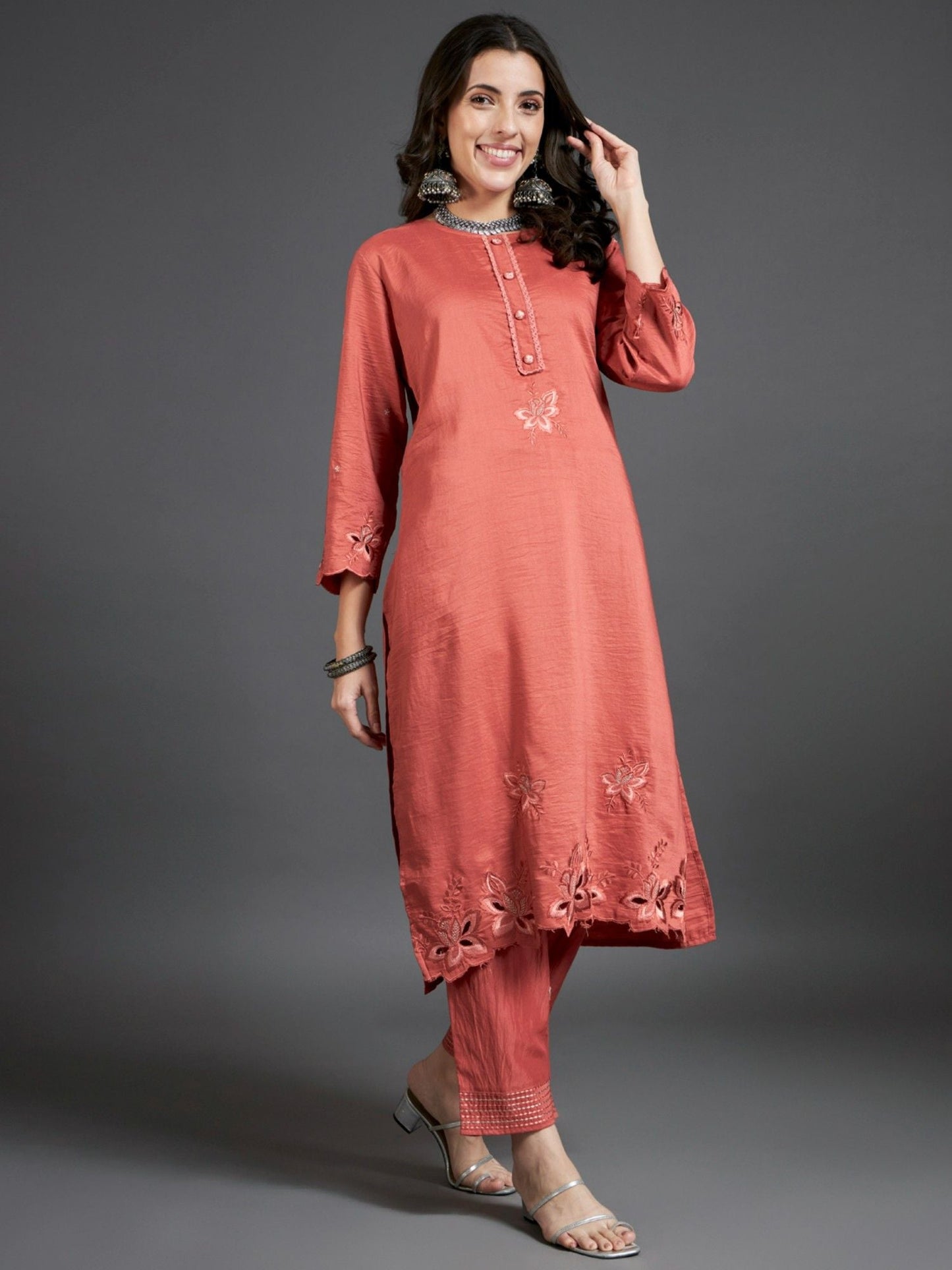 Heeposh Rust Intricate Detailing Straight Kurta and Pants with Organza Dupatta (Set of 3)